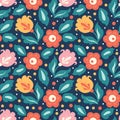 Vector seamless pattern with different flowers, leaves, berries on a blue background. pattern for printing on fabric, clothing Royalty Free Stock Photo